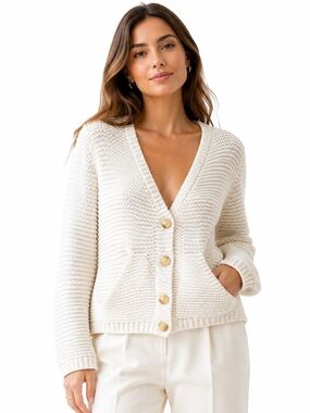 Zara Knit Cream Button Front Cardigan Sweater Pockets Quiet Luxury Size Medium